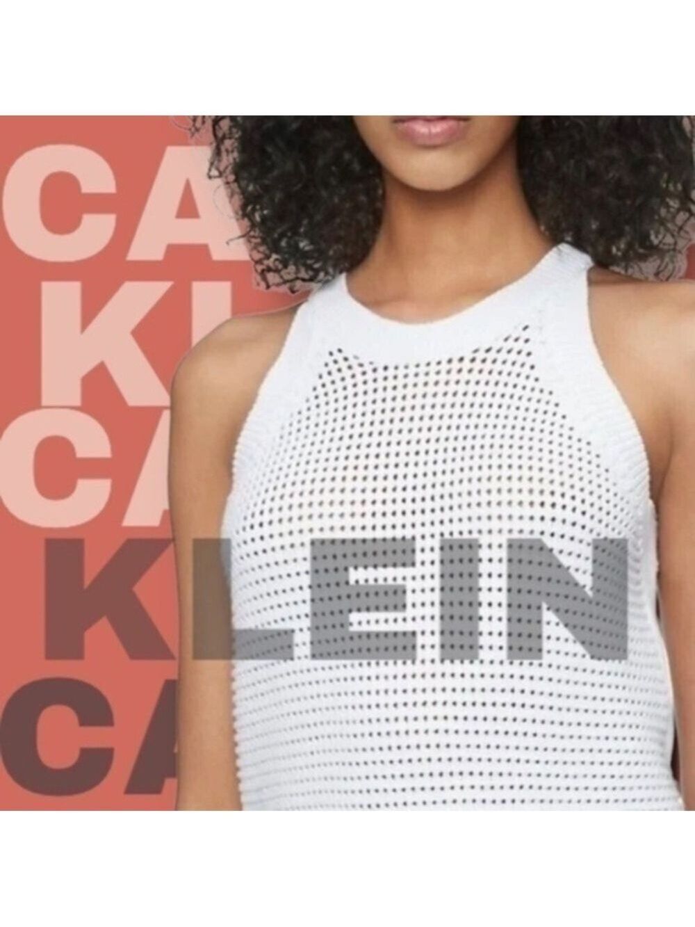 CALVIN KLEIN Sleeveless Open Stitch Halter-Neck White Cotton Sweater/XL NWT